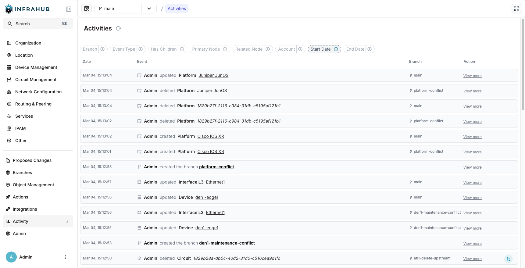 &quot;Example screenshot of Infrahub 1.2 showing the Activity Log page.&quot;
